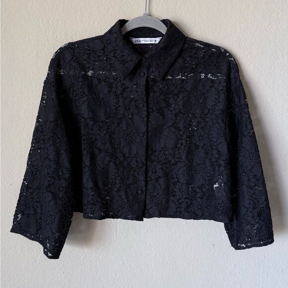 Zara Sheer Lace Black Crop Top Size XS - Picture 8 of 11